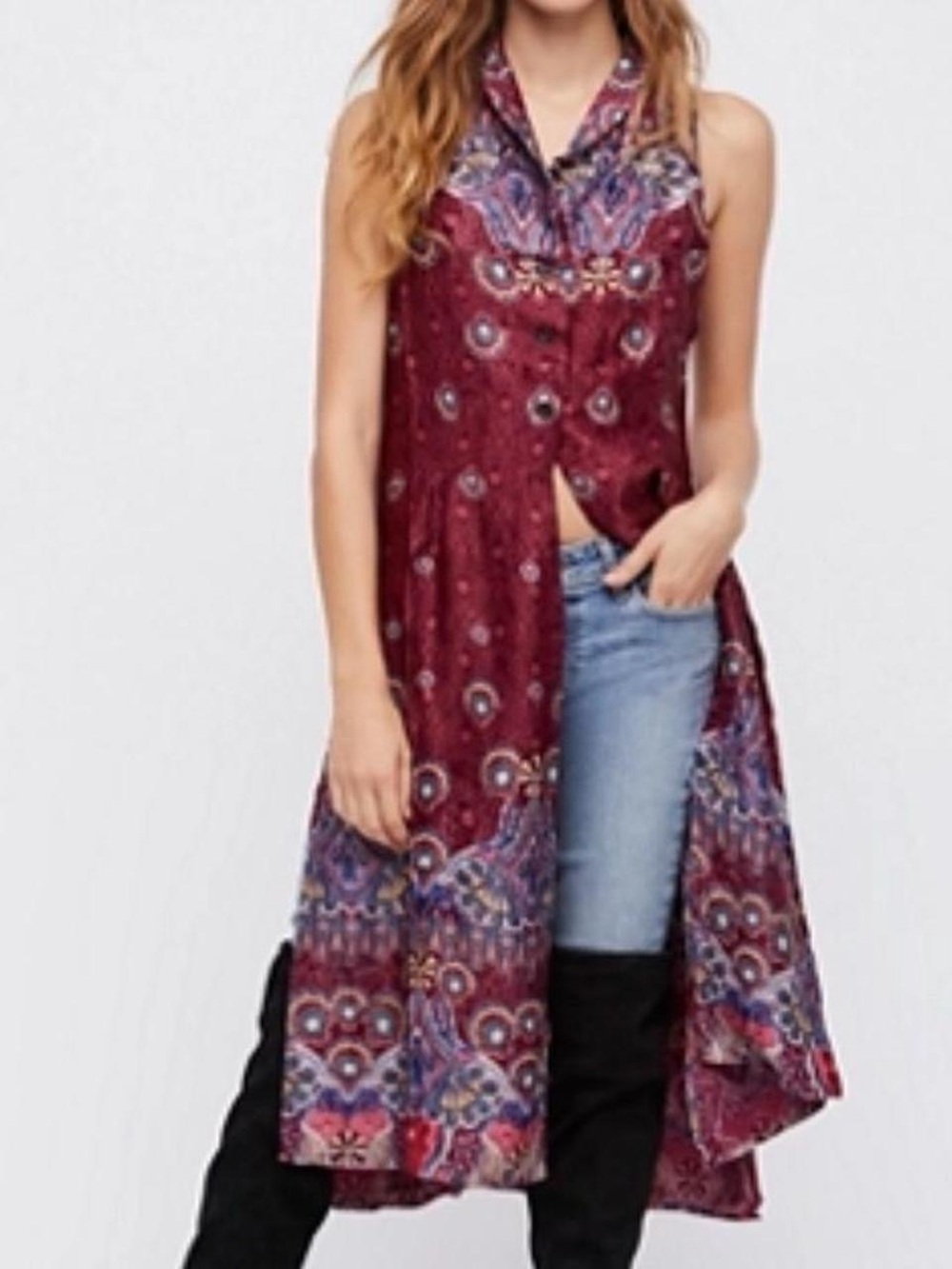 Free People Burgundy Paisley Print Sleeveless Tunic